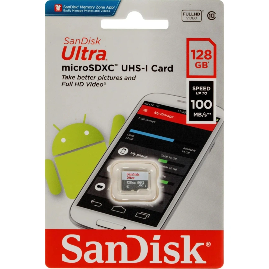 Карта памяти Sandisk Ultra 128GB MicroSDXC Class 10 UHS-1 (SDSQUNR-128G-GN6MN) фото 1