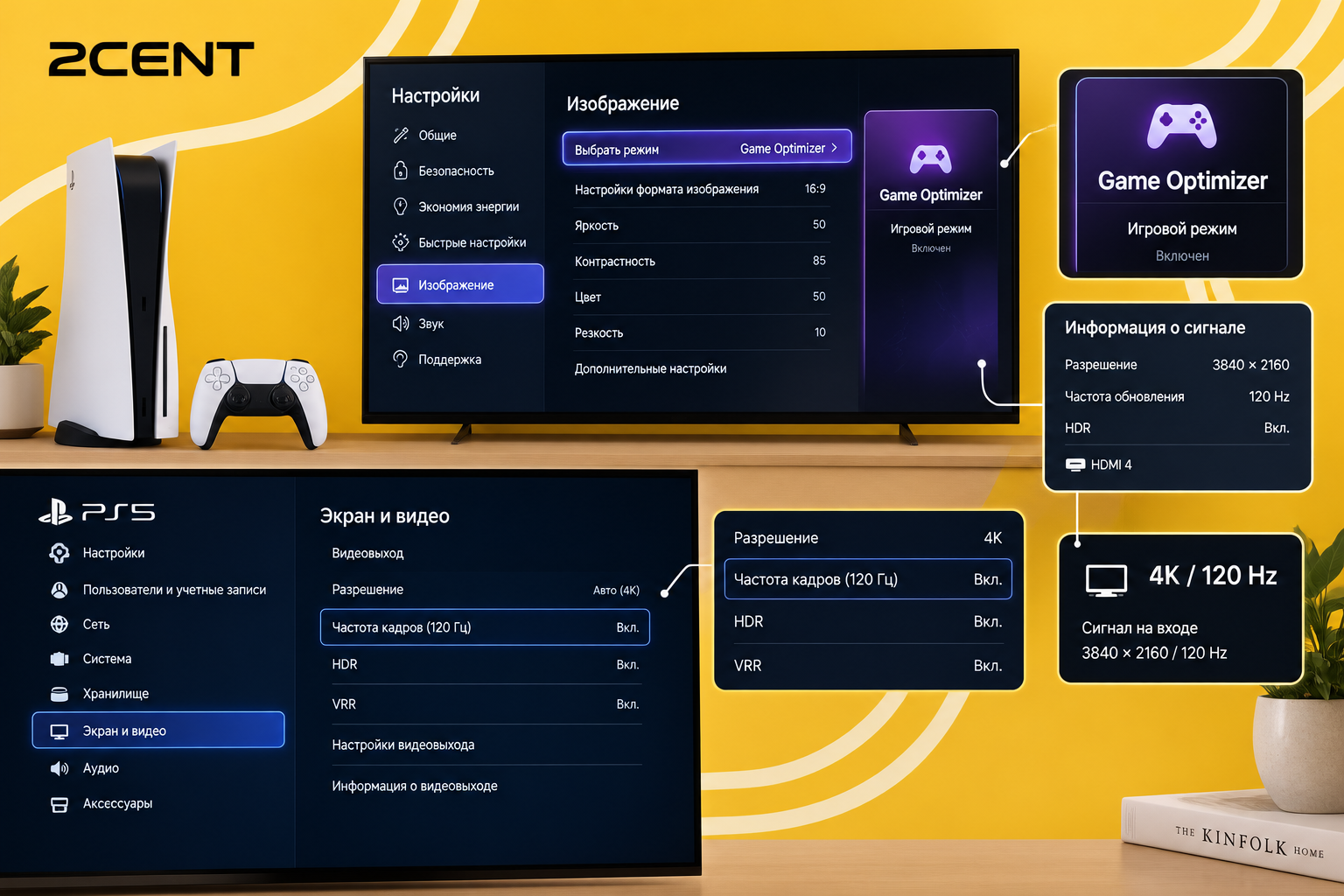 Скриншот настроек PS5 и телевизора LG с включённым 4K и 120 Гц, активированным игровым режимом
